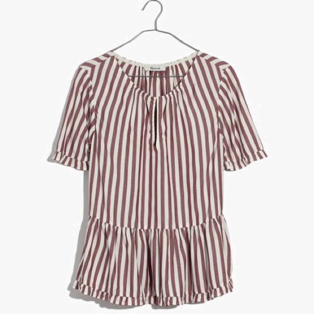 Madewell Stanza Ruffle Hem Top Small Striped Short Sleeve Peplum Preppy Cottage - Picture 4 of 12